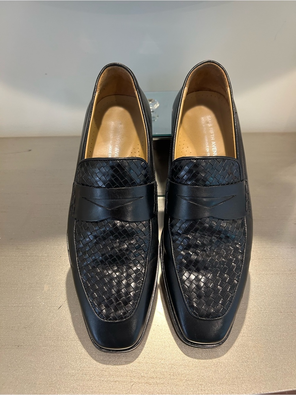 cuoio Saks Fifth Avenue Black Woven Leather Penny Loafers